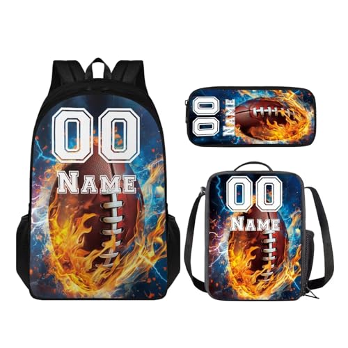 Tuoxiukan Personalized Football Backpack for Boys 8-12 Custom Kids Backpack with Name and Number 3 Piece Bookbag with Lunchbox and Pencil Case Set for Girls Teenager Ages 14-16 Rucksack 17 Inch