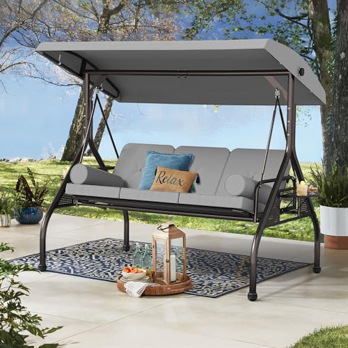 Image of SUNCROWN Outdoor 3 in 1 Porch Swing Chair, 3 Seat Patio Swing Glider with Adjustable Canopy, Heavy Duty Swings with Thickened Cushions, Pillows & Cup Holders for Backyard, Porch, Garden,Grey
