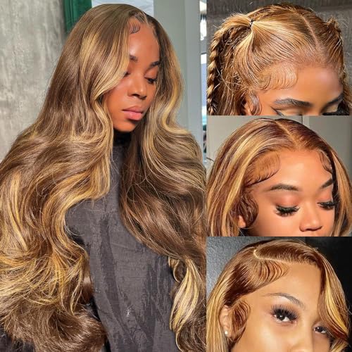 QUANDIAN Highlight Ombre Lace Front Wig Human Hair Body Wave 180% Density Frontal Wigs Human Hair 13x6 HD Lace 26 Inch Colored Human Hair Wigs for Black Women Pre Plucked with Baby Hair Glueless Wigs
