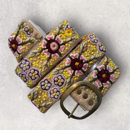 Embroidered Belt, Embroidered Belt for Women, Peruvian Embroidered Belt, Handmade - Garden Bloom Tan Band2