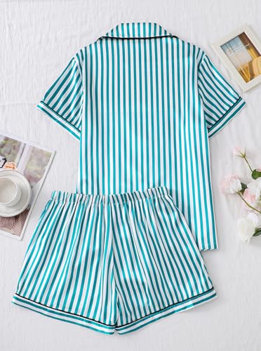 Image of Remidoo Women's Silk Satin Pajama Set Striped Button Down Pjs Short Sleeve Loungewear Green X-Large