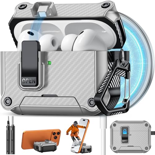 Image of Pohgelan for AirPods Pro 3 Case with Safety Lock-Silver | Carbon Fiber Texture Cover,Magnetic Automatic Lock with Cleaning Kit&Keychain,Compatible with Magsafe