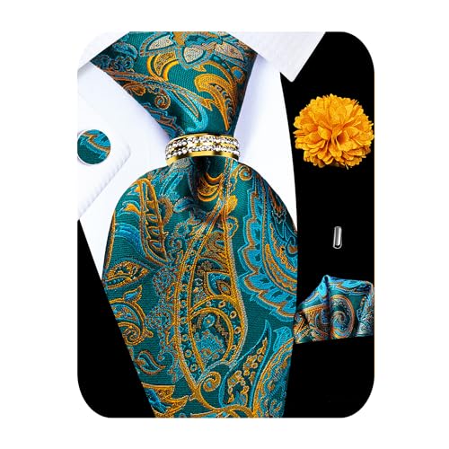 Image of 5PCS Tie and Pocket Square for Men, Silk Necktie and Handkerchief Cufflinks with Gold Ring and Lapel Pin Set