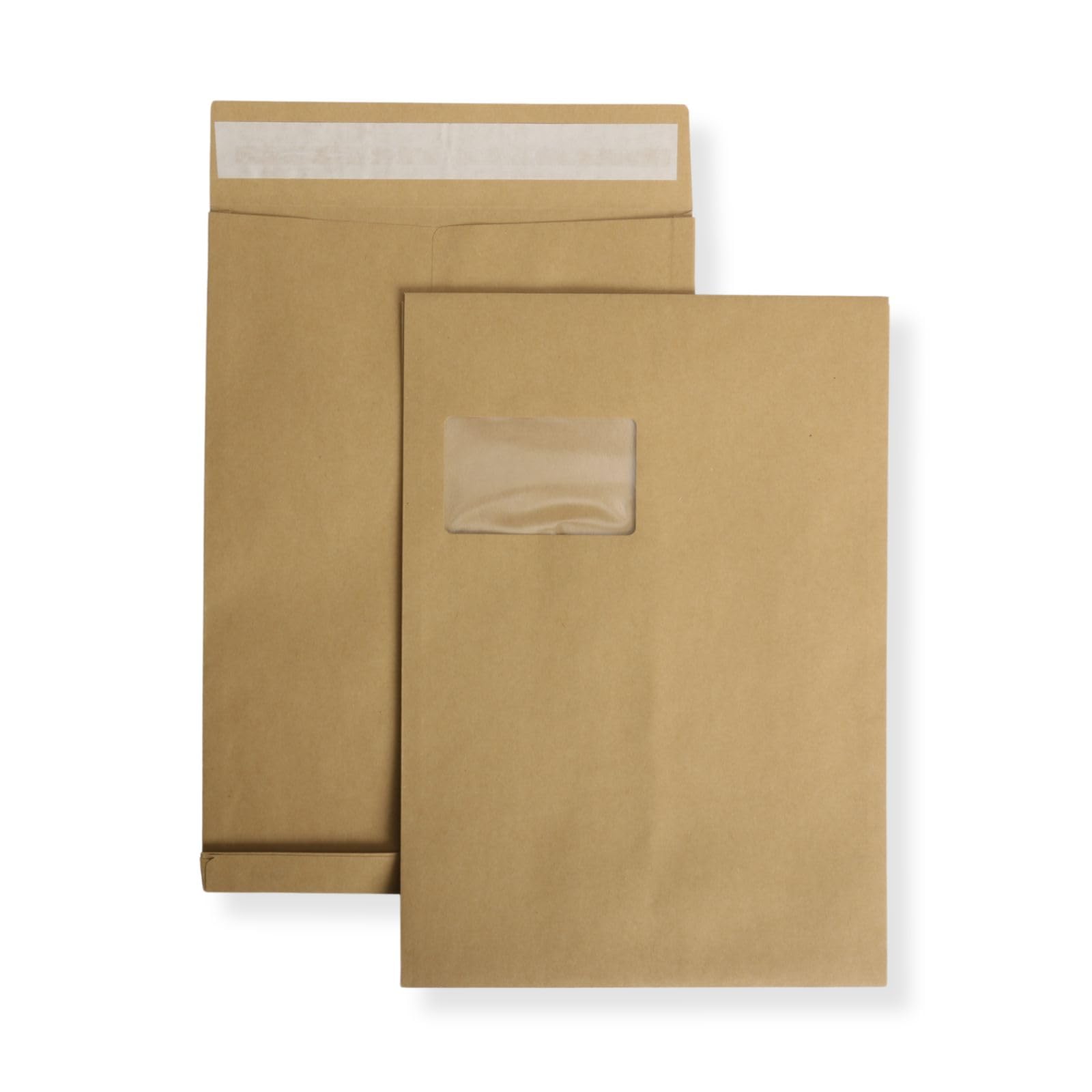 500 St. DIN C4 Faltenversandtaschen mit Fenster braun Stehboden und 20 mm Falte 130 gr. Kuvert 229x324x20 mm Haftklebend Briefumschläge HK Briefhüllen