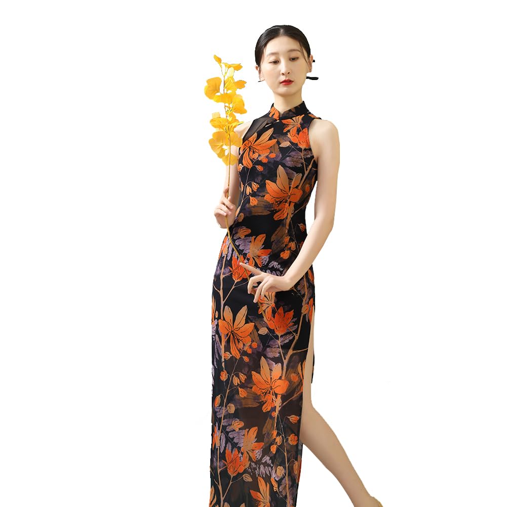ROYAL SMEELA Vestito Qipao Senza Maniche Donna Abito Cheongsam Stampa Sexy Abito Qipao Cheongsam Tradizionale Cinese Costume Cinese Nero Vestito Cheongsam Cinese Qipao Fessura Abito Qipao Lungo
