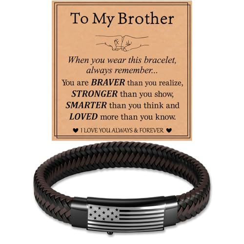 Leather Bracelet for Men American Flag Mens Leather Bracelet with Card Adjustable Leather Cuff Bracelets for Men Jewelry Gifts for Dad Son Brother Man Husband Boyfriend