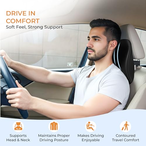 Image of CareFoam Memory Foam Car Neck Pillow for Driving Comfort - Ergonomic Headrest Cushion for Neck & Spine Support - Adjustable Strap, Breathable Washable Cover, Ideal for Long Drives | Black Velvet