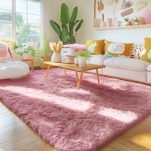 OLANLY Area Rugs for Living Room Bedroom, Machine Washable 4x5.9 ft Soft Fluffy Shaggy Bedside Rug, Indoor Floor Carpet for Kids Girls and Boys, Dorms, Nursery Rooms, Home Decor Aesthetic, Pale Pink