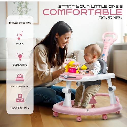 Image of Happy Bear Astro Baby Walker with Parent Handle | Height Adjustable Walker with parent Handle Baby 9 Months and Above | Activity Walker for Baby | Removable Push Parent Handle | Walker for Boys and Girls - Pink