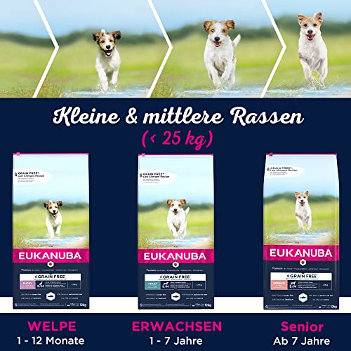 Eukanuba Hundefutter getreidefrei mit Fisch für kleine und mittelgroße Rassen - Trockenfutter für Senior Hunde, 3 kg