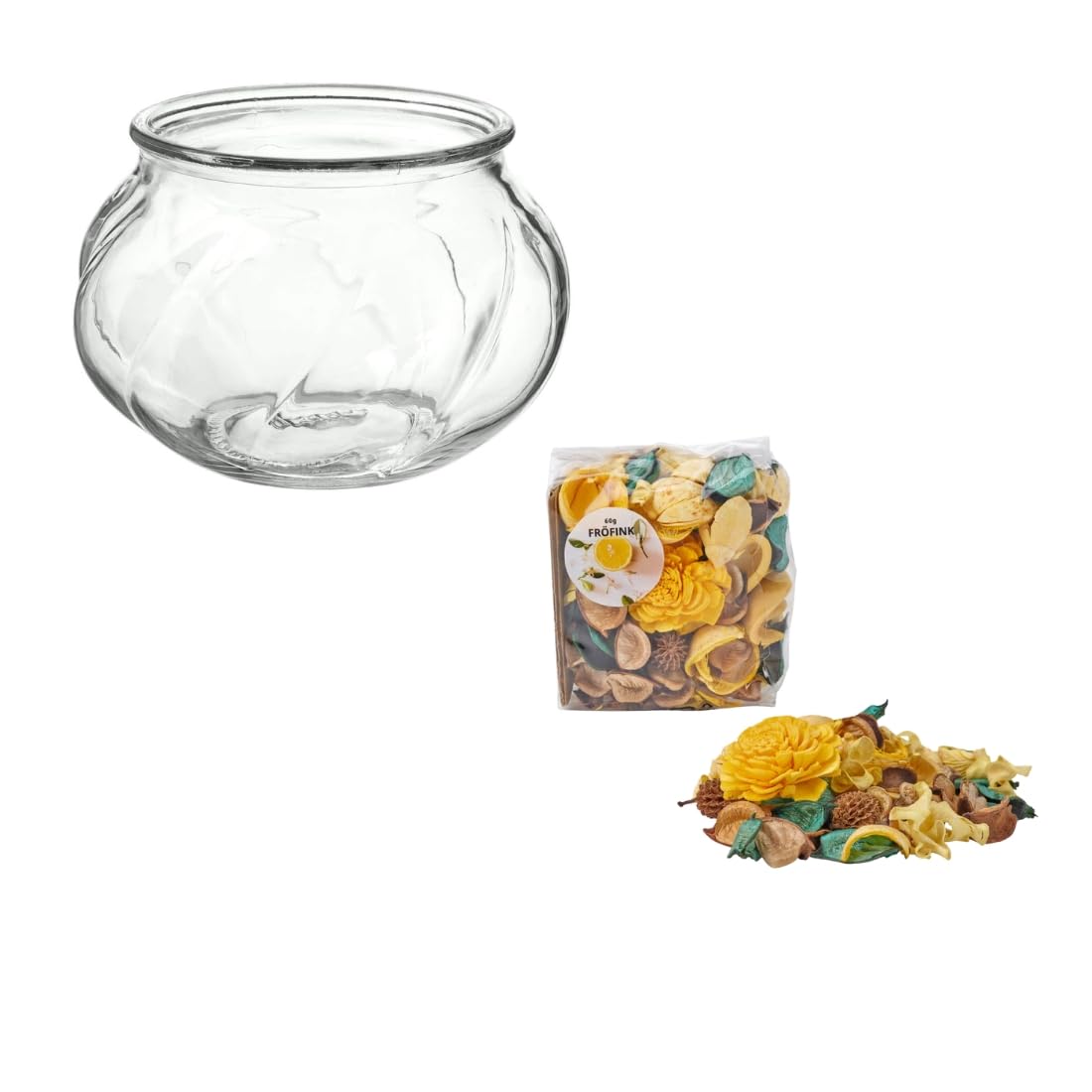 IKEA FRÖFINK Scented Potpourri, Citrus Flower Yellow, 60 g with VILJESTARK Vase, Clear Glass, 8 cm