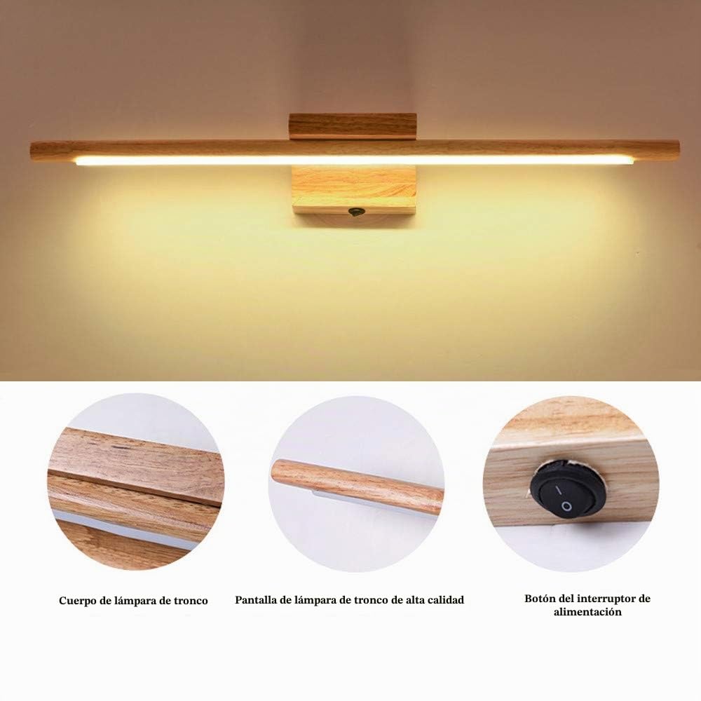 Lámpara para Espejo LED Madera, Aplique de Pared Espejo Baño, Interior 60CM Luz Baño, Lámpara de Pared Espejo Iluminación para Maquillaje 10W, No-regulable IP44,Warm light
