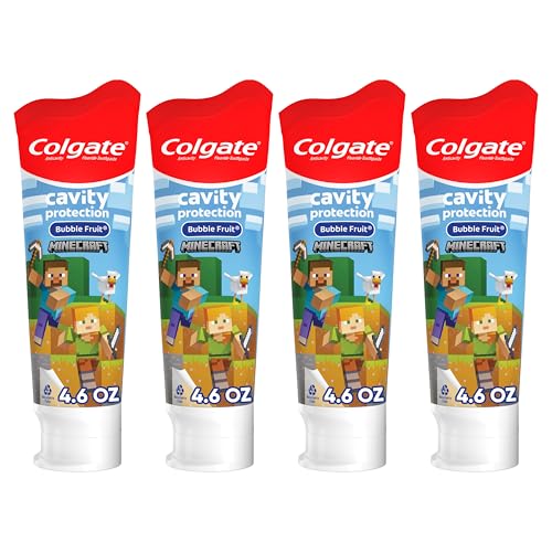 Image of Colgate Minecraft Kids Toothpaste with Fluoride, Minecraft Toothpaste with Mild Bubble Fruit Flavor, For Children Ages 2 and Older, Helps Protect Against Cavities and Strengthens Teeth, 4.6 oz, 4 Pack