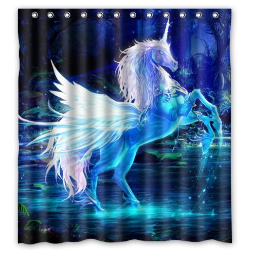 Art Pictures Unicorn Horse Water Rays Forest Blue- Personalize Custom Bathroom Shower Curtain Waterproof Polyester Fabric 66(w)x72(h) Rings Included