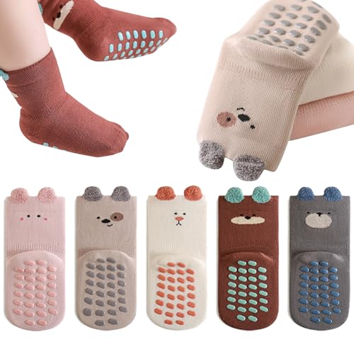 QIYIENDIAN Kleinkinder Rutschfeste Socken Baumwolle 5 Paar Baby Socken Cartoon（Khaki puppy，3-5Y