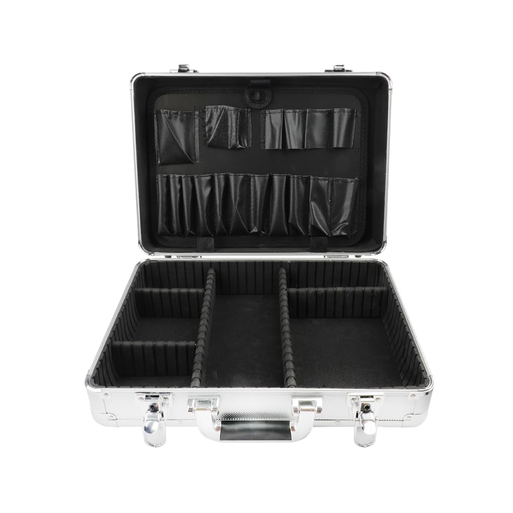 Hoteche Maletín de herramientas de aluminio, 42,5 x 30,5 x 12,5 cm, con 2 divisores largos y 3 cortos, tabla de herramientas y correa para el hombro, maletín profesional de aluminio