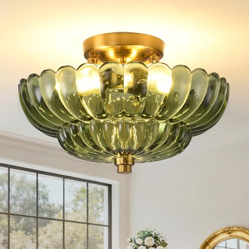 Image of Semi Flush Mount Ceiling Light, Gold Vintage Hallway Light Fixture with Green Glass 11.8 Inch, Close to Ceiling Light for Hallway Living Room Bedroom Kitchen Bathroom Foyer, E26 Base