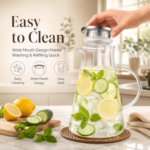 Image of Bellemax Premium Glass Water Jug - 1.8 LTR, Transparent, Hot Cold Water Pitcher with Stainless Steel Lid Water Jug, Iced Tea, Milk and Juice Beverage Carafe, Lemon Jug, 1800ML (TR-03)