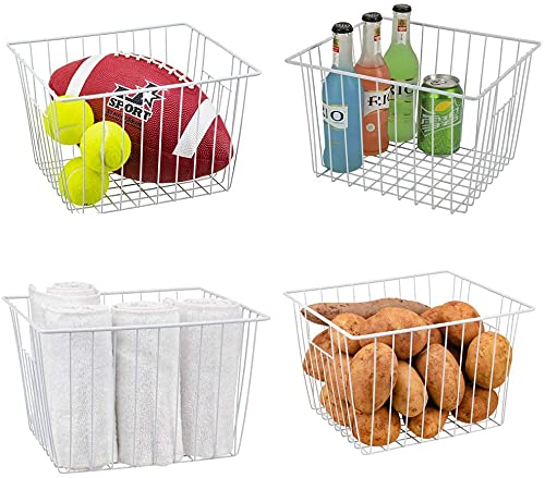 shiok decor™ Storage Baskets with Handle (4 pack) -(multipurpose) for Kitchen Cabinets, Pantry, Bathrodom,fruit,vegetables, Laundry Room, Closets, Garage, 10" x 10" x 5.5" - white(steel)