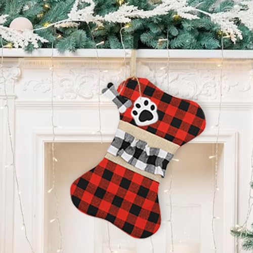 Hying Large Christmas Stockings Xmas Stockings with Dog Paw Bones Winter Gift Stocking Decorations Black Red Buffalo Plaid Burlap Stockings for Home Hanging Ornaments Christmas Party Favor