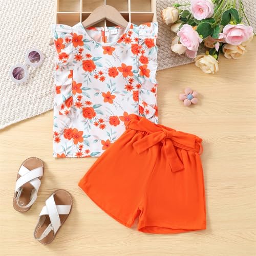 Kids Toddler Girls Clothes Outfits Floral Print Ruffle Sleeveless Top Belted Shorts Set Summer Clothing Set3
