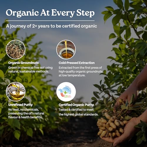 Image of Organic India Groundnut (Peanut) Oil, 1000ml | Cold Pressed Unrefined Organic Oil with Natural Flavour | Certified Organic and Lab Tested on 250+ Parameters | Perfect for Daily Cooking | Natural Aroma and Taste