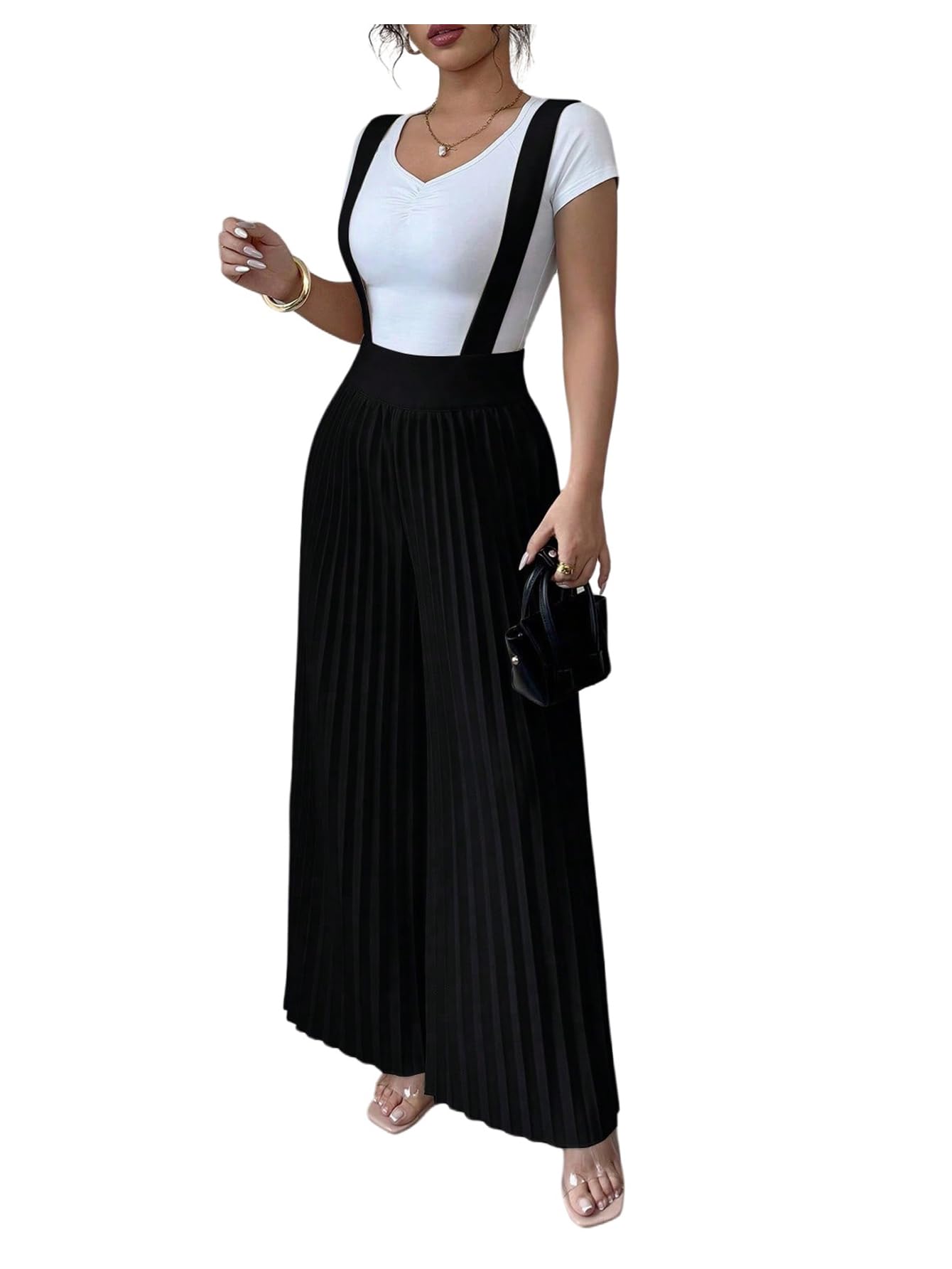 Floerns Womens Suspender Pants Elastic Waist Pleated Wide Leg Overall Jumpsuit