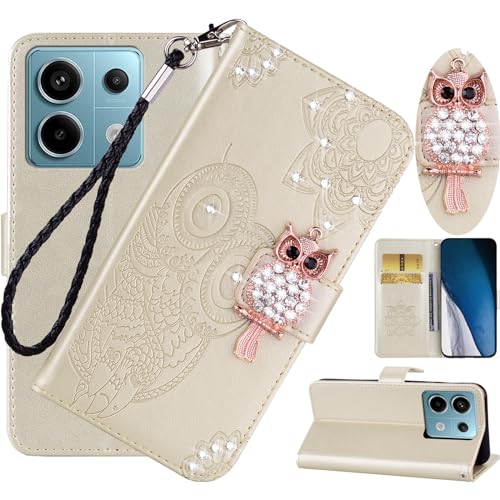 Ephoou Capa carteira para Xiaomi Redmi Note 13 Pro 5G, capa flip de couro PU com strass coruja com c