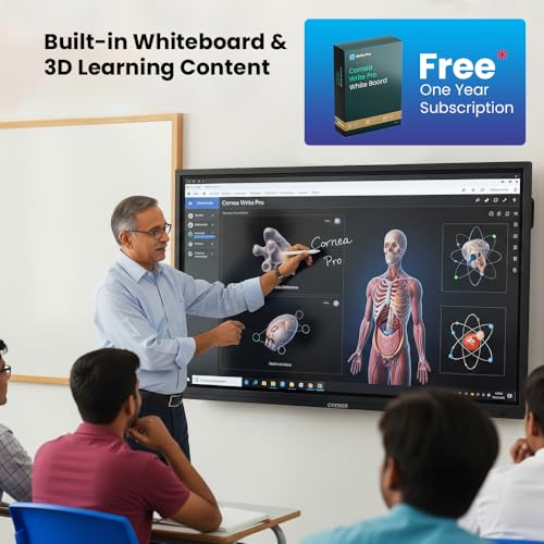 Image of Cornea 75 Inch All in One Interactive Smart Board 3840X2160 Pixel 4K UHD Display and Dual Operating System Android and Windows Version with K-12 Content WritePro for Office, School