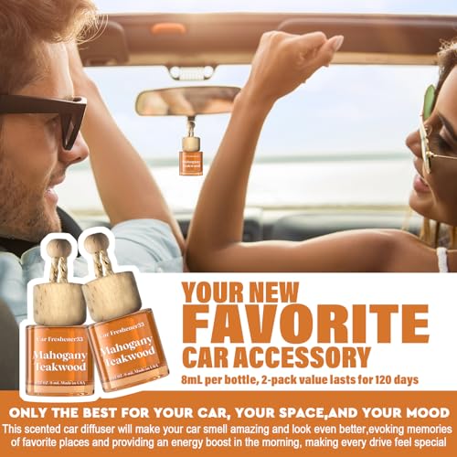 Image of C Classy Hanging Car Air Freshener 2 Pack, Mahogany Teakwood, Brown Glass Bottle Diffuser, Long-Lasting Fragrance, Cute Car Accessories for Women & Men, Made in USA