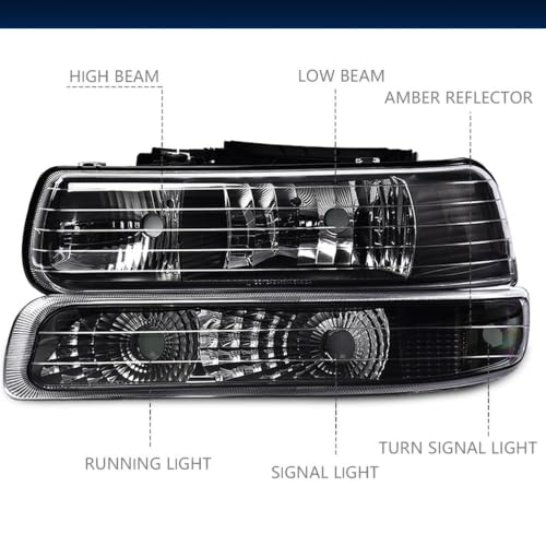 Image of GRAND ORANGE Front Headlight Assembly+ Bumper Lights Lamps Compatible with Chevy Silverado 1999-2002, Fit Tahoe Suburban 2000-2006 15199559, 15199558, 16526134 Chrome Housing Clear lens Corner 4pcs