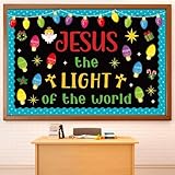 Moinchore 82 Pcs Christmas Religious Bulletin Board Decorations Colorful Light Bulb Jesus the Light of the World Cutouts Xmas Christian Faith Bulletin Board for Sunday School Classroom Decoration
