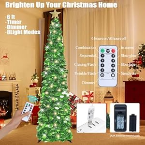 HMASYO 6 FT Pop Up Christmas Tree with 100 LED Lights & Remote, Green Tinsel Artificial Pencil Christmas Tree Xmas Decoration for Home, Office, Party, USB Powered Timer Lights, Easy Assembly HMASYO 6 FT Pop Up Christmas Tree with 100 LED Lights Remote Green Tinsel Artificial Pencil Christmas Tree Xmas Decoration for Home Office Party USB Powered Timer Lights Easy Assembly