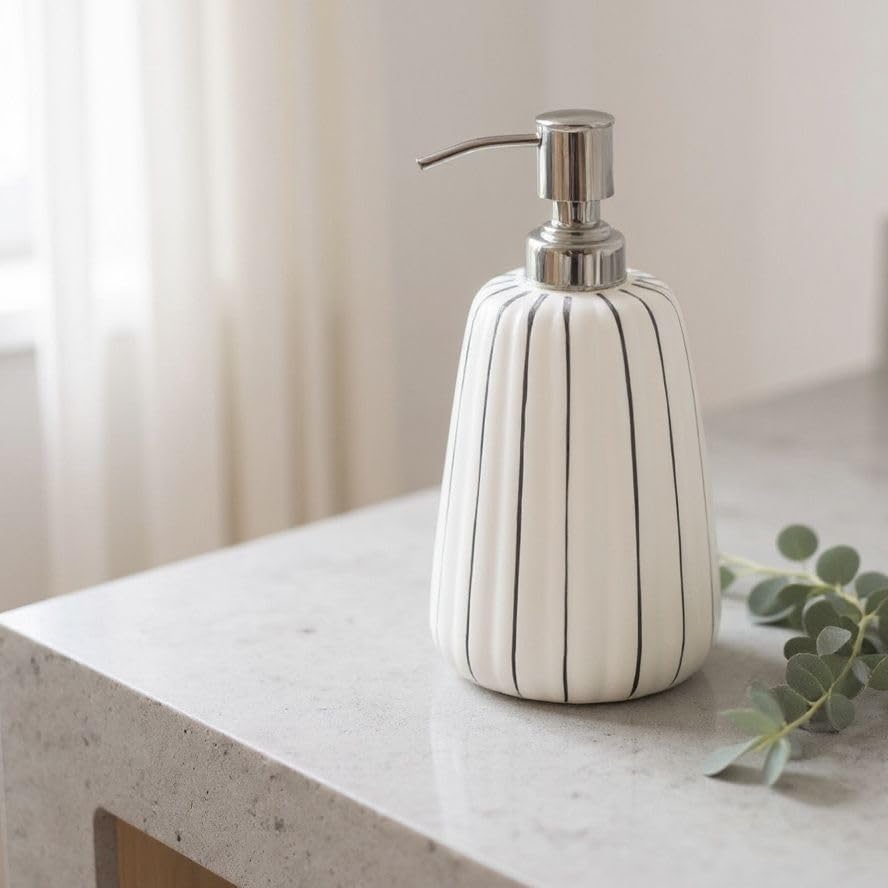 Image of Ceramic Soap Dispenser 330ml (Set of 1) | Multipurpose Liquid Soap, Lotion & Hand Wash Pump Bottle for Bathroom & Kitchen | White Stripe Design