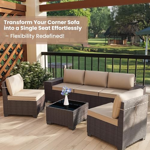 Image of 6 PCS Outdoor Patio Furniture Set,Outdoor Sectional Furniture All Weather PE Rattan Wicker Patio Conversation Set with Coffee Table and 5 Thickened Cushions,Sand