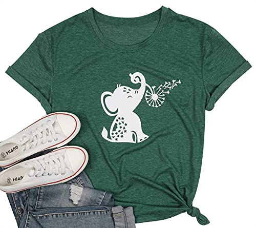 Dandelion Make a Wish T Shirt Women Funny Elephant Print Graphic Tee Animal Casual Short Sleeve Tshirts Green