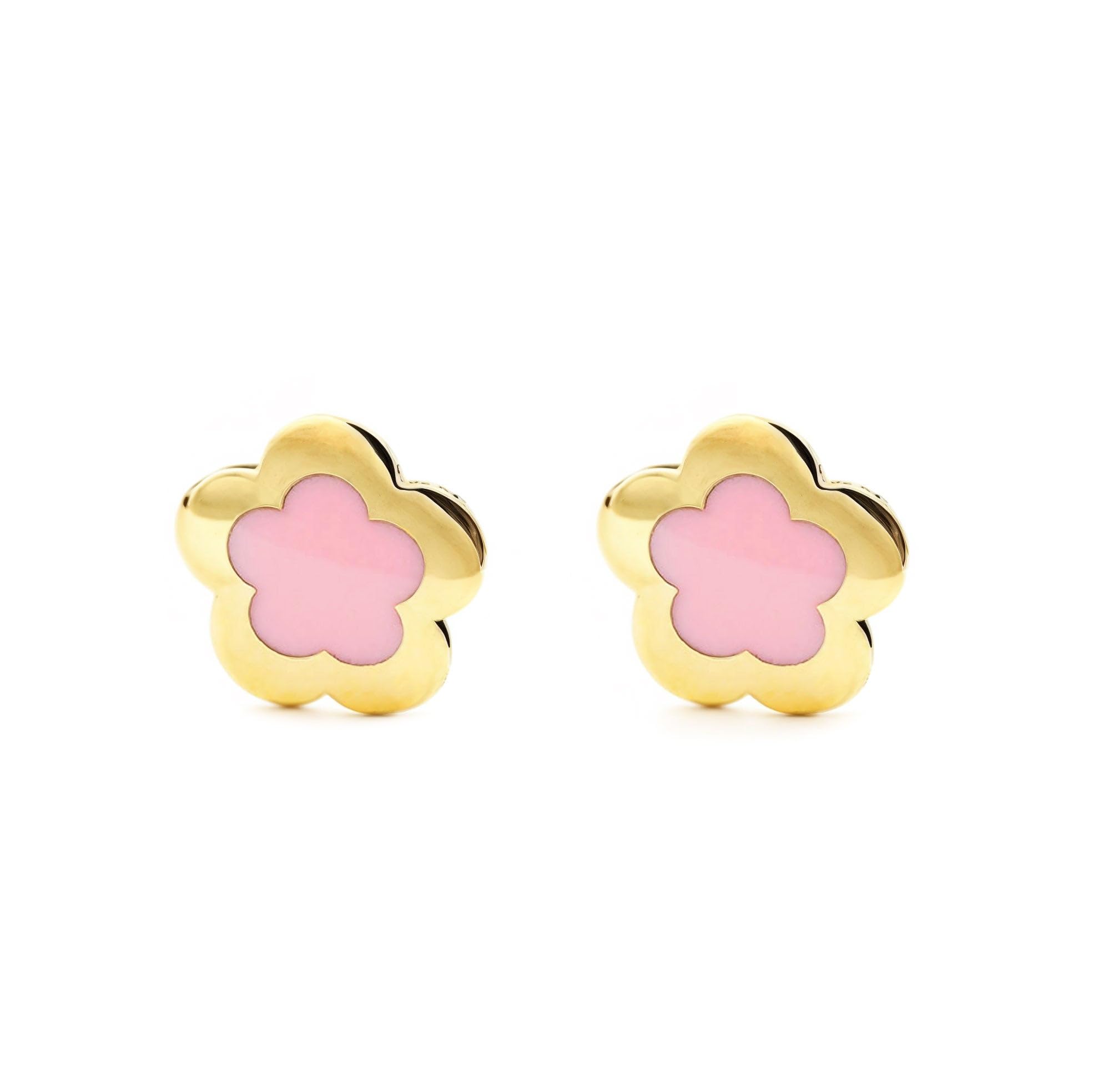 Pendientes Oro Niña Margarita esmalte rosa (9kts) - Estuche Regalo - Certificado de Garantía - Mondepetit
