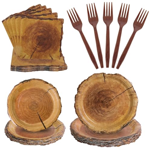100 Pcs Disposable Rustic Wood Grain Slice Tableware Set for 25 Guests
