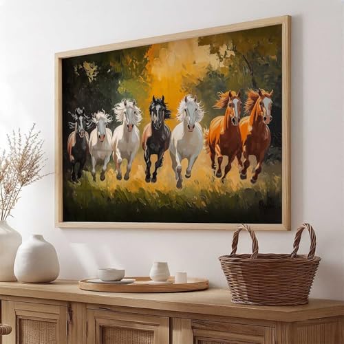 Image of HOTHOUSE Seven Running Vastu Lucky Horse Painting | 7 Horses Vastu Frame Wall Art Painting for Living Room Bedroom Office Home Decor Wall Decor Size (10X13 inch)