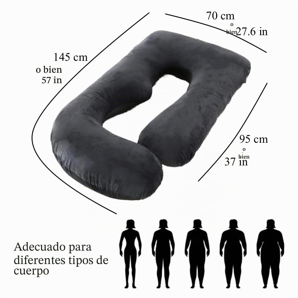 ALLOPERA, cojín de Embarazo 145 cm – Soporte para piernas, Espalda, Cuello, Hombros, Caderas, Abdomen para Mujeres Embarazadas, con Funda extraíble y Lavable de Terciopelo (Gris-Negro)