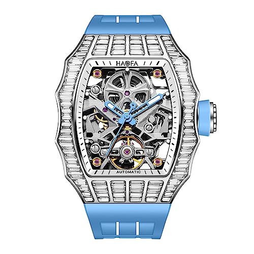HAOFA 腕時計メンズ 自動巻き スケルトン ダイヤモンド入りベゼル パワーリザーブ 80時間 機械式 夜光 樽型 トノー型 チタン時計 紳士 男性プレゼント