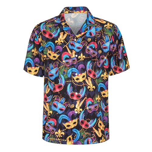 Kosgraiy Men Mardi Gras Shirt Button Up Shirt Mardi Gras Outfit for Men Mens Short Sleeve Carnival Shirts Funny Hawaiian Beach Casual Shirts Mask L