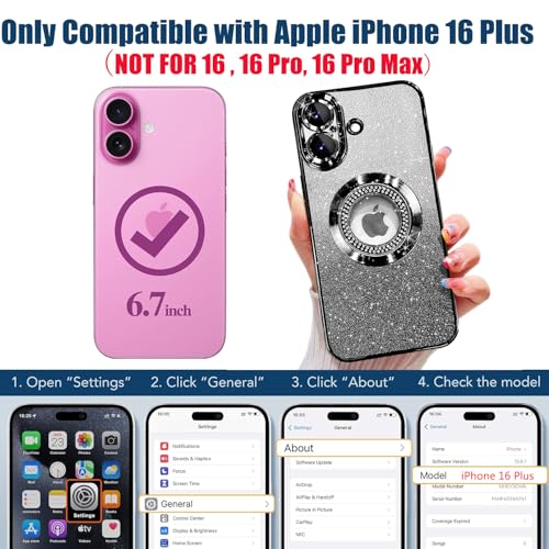 Image of Misscase for iPhone 16 Plus Magnetic Glitter Case Compatible with MagSafe,Full Protection Slim Shockproof Anti-Scratch Case with Camera Lens Protector Logo View Dust-Proof Net for Women Black