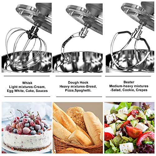 Nurxiovo 6.5QT Stand Mixer 660W Dough Hook Whisk Beater 6-Speed Electric Mixer Kitchen Tilt-Head Food Mixer with Stainless Steel Bowl (Haze Gray)