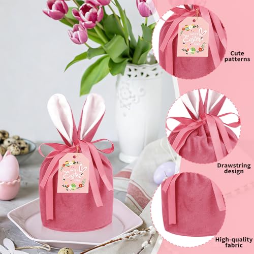 Kuvarix 10 Stück Ostertüten zum Befüllen, Ostersäckchen Samtbeutel Set mit Ohren, Osterbeutel Stoff & 10 Geschenkanhänger & Seil, Dekorative Geschenktüten Ostern für Ostereier Süßigkeiten