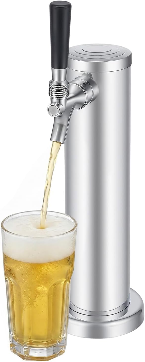 Torre Cerveza Inox, Dispensador de Presión Grifo Único Con Apagado Automático, Bar Casa Restaurante, Vino Blanco Jugo Café Té, Acero Cromado Plata Cilíndrica, 32X7,6 Cm