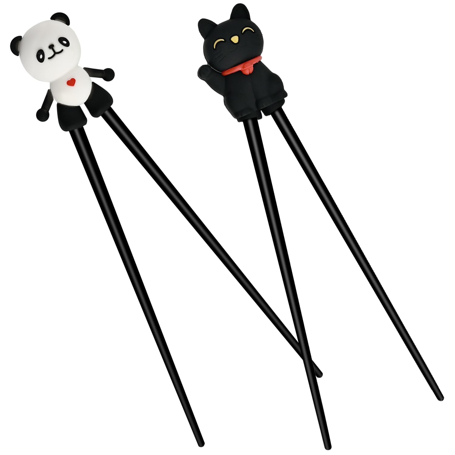 2 Pairs Rebound Training Chopsticks,Black Panda & Lucky Cat Design, Reusable Non-Slip Beginner Chopsticks with Easy-Bounce Hinge, Heat-Resistant Training Chopsticks Set