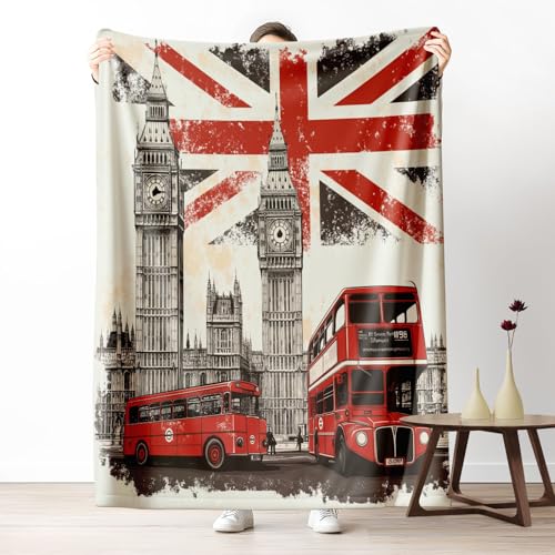 Sshjfeu Plaid London Big Ben Bus, Couverture Polaire Flanelle Moelleuse, Drapeau Britannique Rétro Couverture Lit Jeté de Canapé, Légère et Doux, pour...