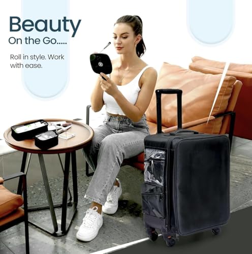 Image of Adson Multifunctional Professional Beauty Makeup Artist Rolling Cosmetic Aluminium Vanity Trolley Beauty Train case Makeup Cosmetic Trolley Hairstylist Travel Organizer (Glossy Black)