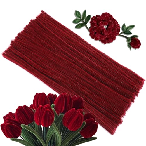 Image of 100Pcs Pipe Cleaners, Wine Red Chenille Stems for Flowers Making
